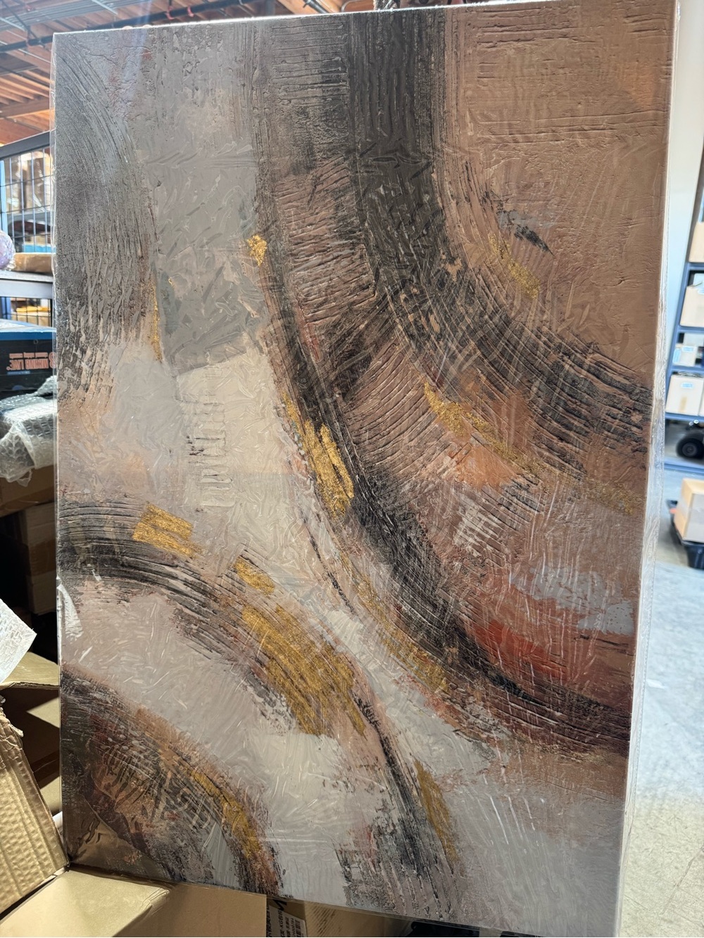 Modern Abstract Wall Painting in Brown, Gold, and Gray